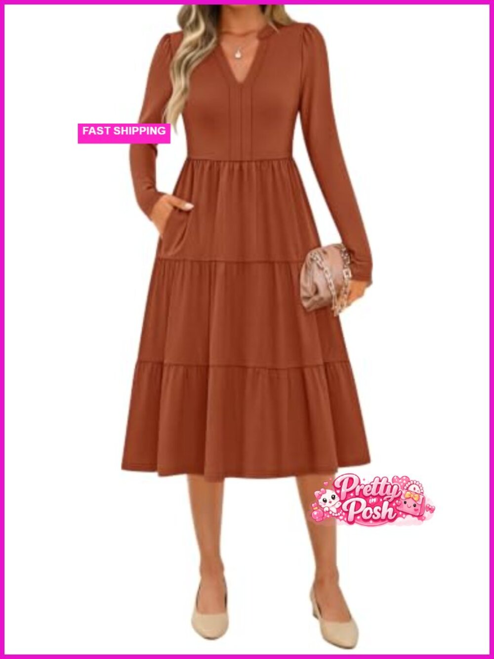 Long Sleeve Ruffle Midi Dress V-Neck Loose Fit Casual